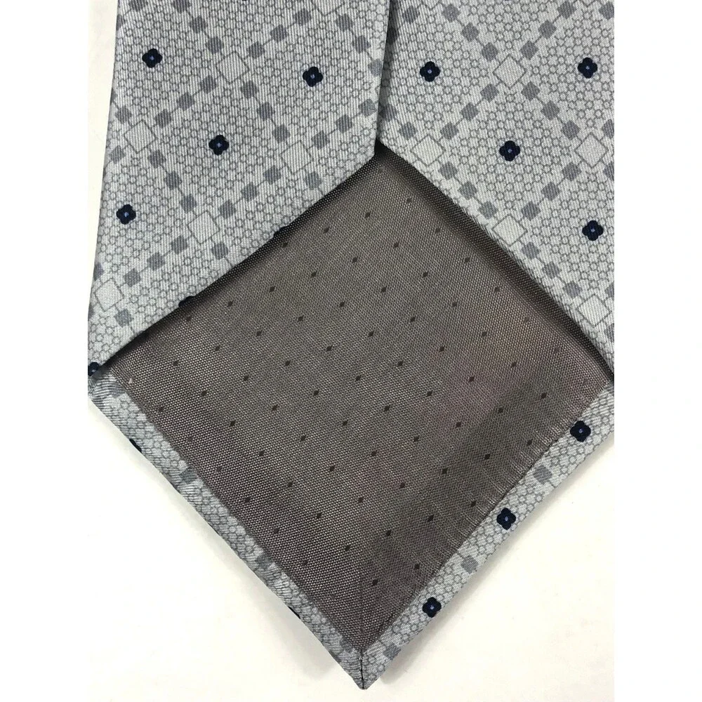 Barton MODA Pure Silk Tie Handmade in Italy Gray Geometric Pattern Navy Blue Dot